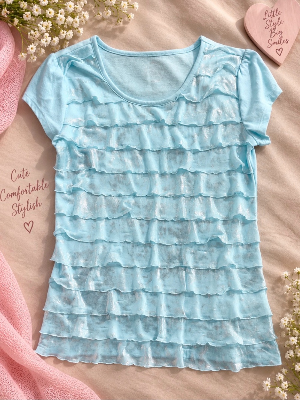 SO Light Blue Ruffle Short Sleeve Girls Top